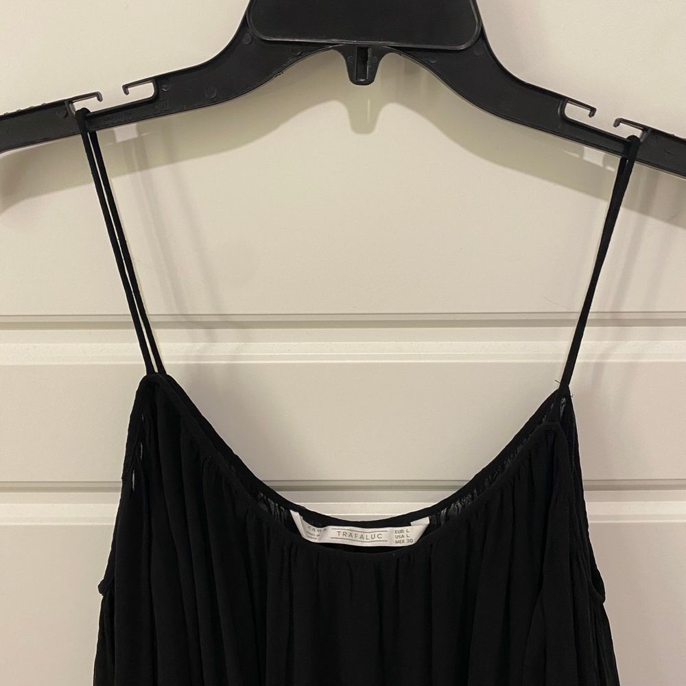 Zara Trafaluc Cold Shoulder Top Black Ruffle Chiffon Spaghetti Strap Blouse L - Picture 6 of 12